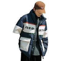 唐狮冬季男装羽绒服立领字母拼接面包服少年加厚外套潮酷