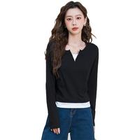 班尼路长袖t恤女2024秋季假两件纯棉打底衫内搭高级感上衣女