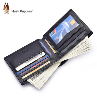 Hush Puppies 暇步士 男士钱包头层牛皮时尚短款钱夹真皮横款多功能票夹两折 黑色 209W横款
