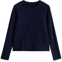 初语牙签褶设计感长袖t恤女2024年秋季简约气质拼接打底衫 宝蓝色 S