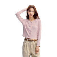 森马（Semir）长袖T恤女短款V领气质2024秋季肌理紧身针织开衫显瘦109524101005 梦幻粉60316 L