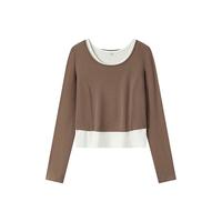 森马长袖T恤女短款上衣显瘦纯色背心2024秋季新款紧身两件套气质 咖啡50800
