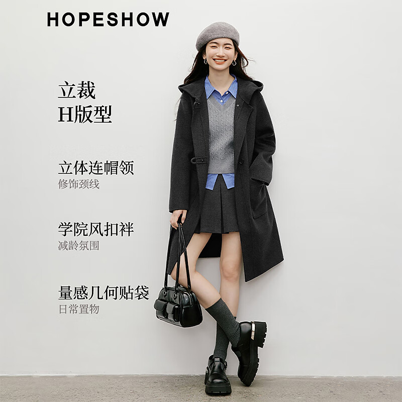 红袖MIU系学院风羊毛呢外套2025冬季新款女装连帽气质中长双面呢大衣 深灰080