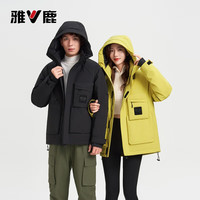 雅鹿工装加厚鸭绒短款羽绒服男女同款秋冬休闲连帽保暖外套 黑色 S /165
