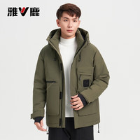 雅鹿工装加厚鸭绒短款羽绒服男女同款秋冬休闲连帽保暖外套 军绿色 3XL /190