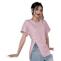 妖精的口袋【以梦为马】妖精的口袋粉色开叉国风盘扣短袖t恤女2024春夏 温柔粉紫色 S