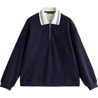 初语卫衣女2025冬季加绒撞色POLO领MIU系美式学院风宽松上衣 藏青色 S