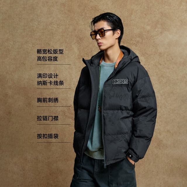JACK&JONES 杰克琼斯 冬季满印连帽羽绒服 E44黑砂色