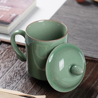 龙泉青瓷茶杯办公杯陶瓷茶具家用喝茶杯纯手工泡茶杯带柄杯子普洱茶杯水杯 哥窑梅子青开片-礼盒装