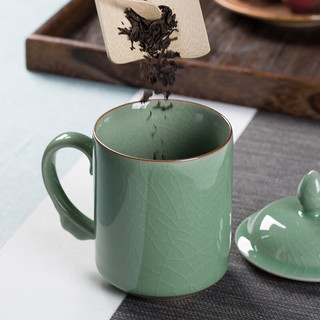 龙泉青瓷茶杯办公杯陶瓷茶具家用喝茶杯纯手工泡茶杯带柄杯子普洱茶杯水杯 哥窑梅子青开片-礼盒装