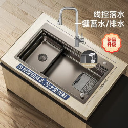 摩恩 水槽大单槽纳米压纹台控手工水槽套装 台控双导轨手工压纹灰+不锈钢三出水龙头