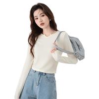 秋季修身时尚百搭女款V领长袖T恤简约通勤纯色女式上衣