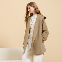 三彩【100绵羊毛】2025冬季连帽双面呢大衣毛呢外套M 卡其色 M 160/84A