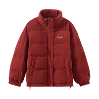 加厚保暖鸭绒短羽绒服女复古灯芯绒红色新年外套