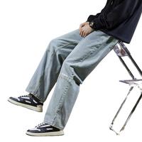 唐狮冬季男牛仔长裤宽松直筒长裤高街阔腿裤子男潮流休闲