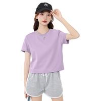 MJ STYLE纯棉短袖T恤女2025年夏季短款正肩显瘦休闲百搭小个子半袖上衣 丁香紫/纯色