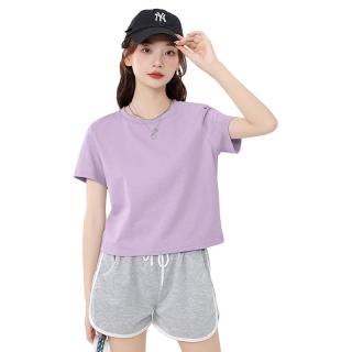 MJ STYLE纯棉短袖T恤女2025年夏季短款正肩显瘦休闲百搭小个子半袖上衣 丁香紫/纯色