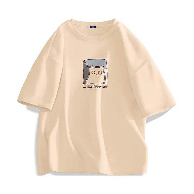 GENIOLAMODEt恤男纯棉夏季休闲日系潮流时尚印花宽松百搭短袖男衣服 卡其 XL XL(140-160斤) 卡其(傲娇小猫中标)