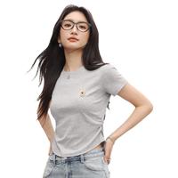 纯棉短袖t恤女夏季2025小个子抽褶收腰修身短款正肩上衣