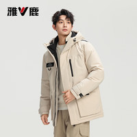 雅鹿羽绒服男女同款2025冬季户外连帽工装中长款保暖外套加厚 卡其色 L /175