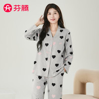 芬腾睡衣女【100%棉可外穿】开衫V领少女长袖女家居服套装 灰色 2XL