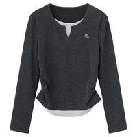 Basic House/百家好v领假两件长袖T恤女2024秋季修身打底衫