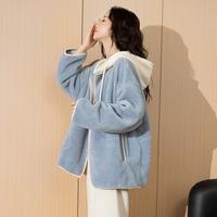 唐狮 2025年冬女连帽拼接仿羊羔毛外套清新百搭气质韩版休闲慵懒风