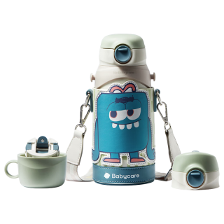 国家补贴：babycare 儿童保温杯水杯不锈钢保温水壶吸管杯大宝宝学饮杯三合一保温杯 三合一600ml-小怪兽浅嗬绿-杯套