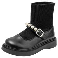 百丽童鞋女童袜靴小女孩公主鞋2024冬季加绒短靴儿童皮靴公主