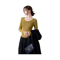 诗莉奥(SHILIAO)春季打底衫女长袖修身显瘦方领简约内搭时尚下摆长袖上衣 黄色 L (适合80-95斤)