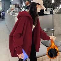 山东即墨酒红色加绒卫衣宽松连帽拉链开衫外套女秋冬款大码上衣潮 L
