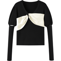 太平鸟 【V领蝴蝶结套头衫】春秋微弹优雅气质针织衫女