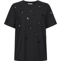 玖姿·安娜蔻【清爽沁凉】淑女风珠片钉珠宽松薄T恤女2024夏季 经典黑 S