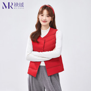 袂绒羽绒马甲女简约纯色保暖无袖背心外套 中国红 L