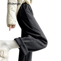 FitonTon休闲裤女冬款高腰加绒裤显瘦锥形裤加厚保暖毛呢裤潮流裤子女L