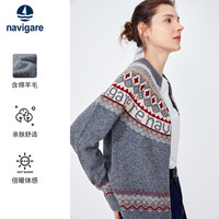 Navigare意大利小帆船秋季费尔岛风针织开衫女灰色毛衣外套
