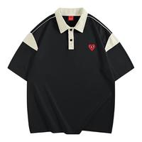 查尔斯桃心 爱心刺绣撞色Polo衫男2024夏季宽松透气翻领半袖