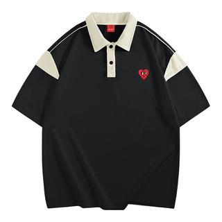 查尔斯桃心 爱心刺绣撞色Polo衫男2024夏季宽松透气翻领半袖