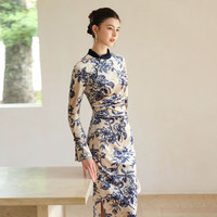 初蝉衣事 瓷影 女士新中式改良旗袍复古国风印花修身丝绒连衣裙 2025新款
