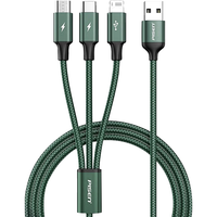PISEN/品胜 一拖三织数据线 3A快充 三合一数据线 Type-C, Lightning, Micro USB 尼龙织 墨绿色 USB-A 3A