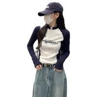 唐狮 TONLION2024秋季女立领拉链袖子拼接长袖T恤美式复古百搭韩版气质潮