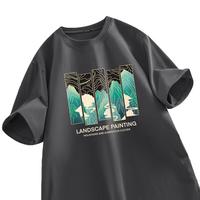真维斯(JEANSWEST)纯棉国风上衣短袖t恤男女款夏季中国潮仙鹤印花宽松大码纯棉古风 深灰(青山绿水) 2XL(130-150斤)