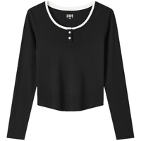 森马（Semir）长袖T恤女短款撞色2024秋修身衣服假两件101524101005 黑色90001