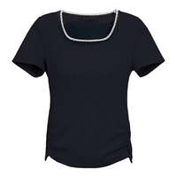 BASIC HOUSE/百家好韩系方领短袖T恤女2025夏季收腰显瘦打底上衣 黑色 M