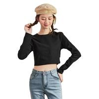 唐狮春季打底衫白色长袖T恤女短款chic上衣修身衣服黑色