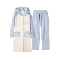 COSMO LADY 都市丽人 女士加厚连帽长毛绒睡袍长裤睡衣套装 2H3418