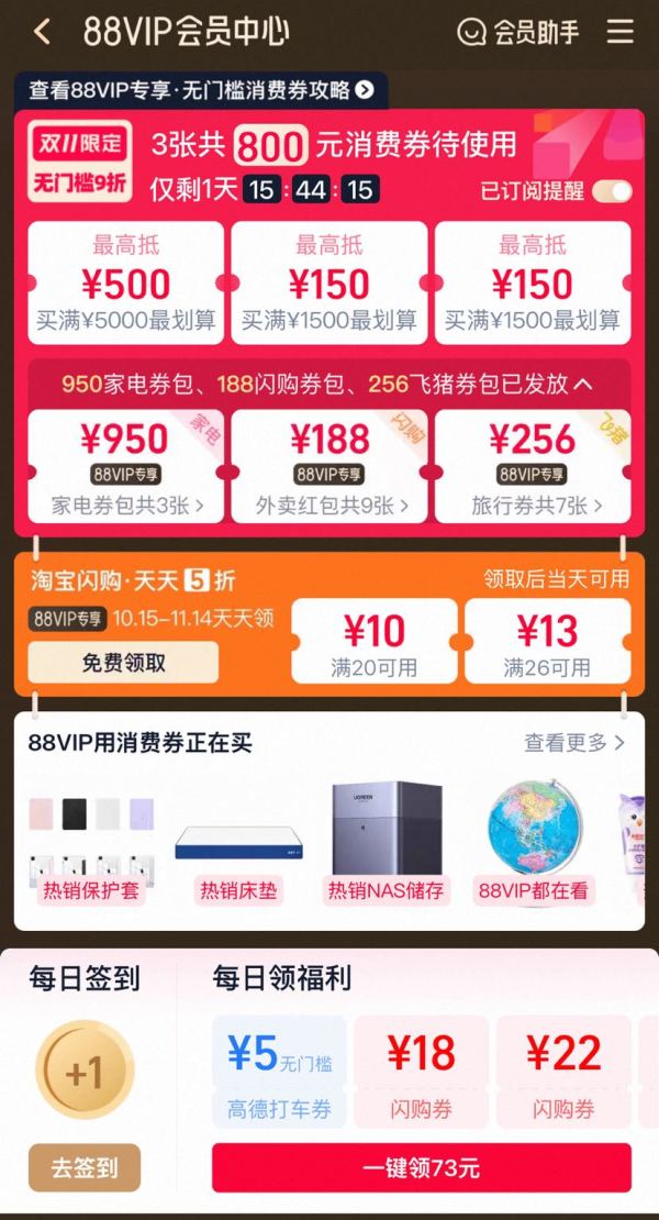 淘宝 88VIP 免费领取最高无门槛抵扣450/500元共800元88会员消费券&950元家电券包&闪购天天5折等等