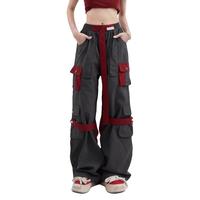 惠皓安美式ins高街hiphop直筒多口袋工装女休闲裤纽扣装饰 灰色 S