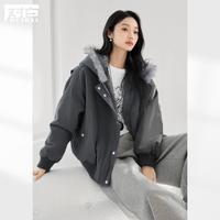 对白 2025冬装仿兔毛环保皮草女式外套毛毛领连帽保暖短款宽松夹克