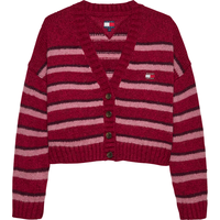 TOMMY JEANS【张元英同款】25秋冬新款女条纹V领慵懒风宽松针织开衫外套 红色条纹XJP